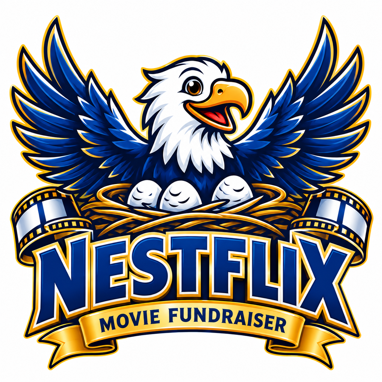 Nestflix Movie Fundraiser — Allesandro eagle with a nest, three eggs, and filmstrip